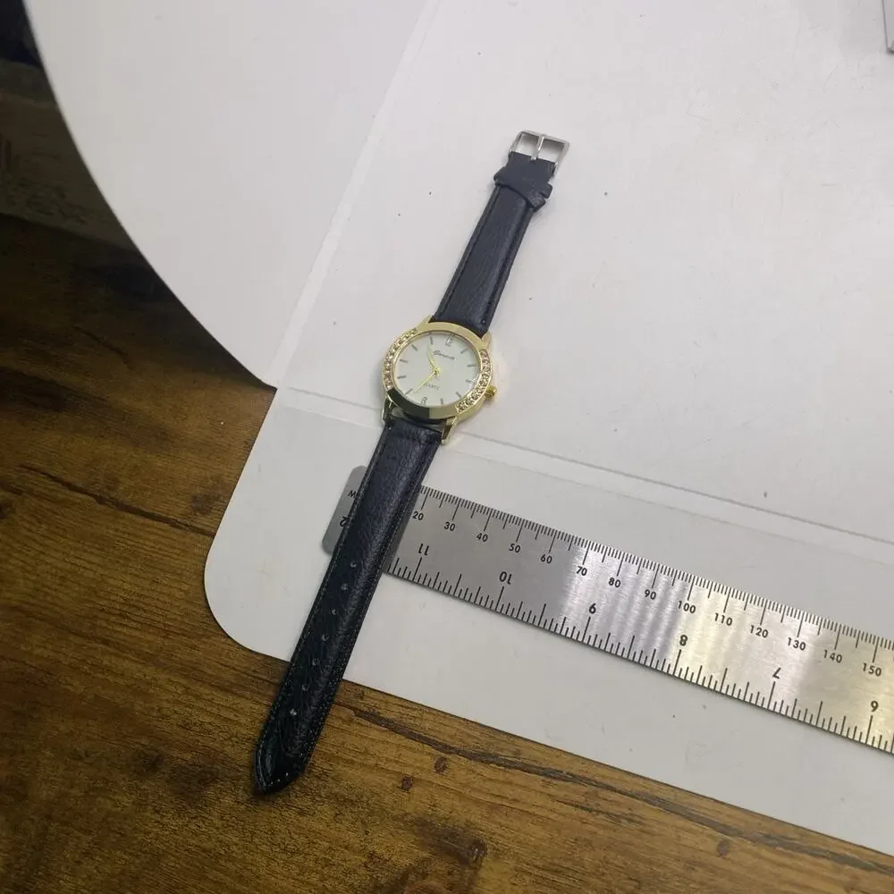 Geneva Gold Tone Rhinestone Black Leather Watch New Battery